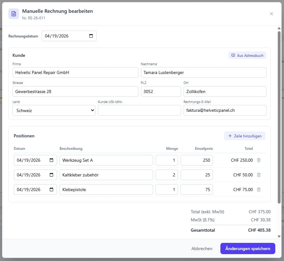 Manuelle Rechnung (ohne Rapport)