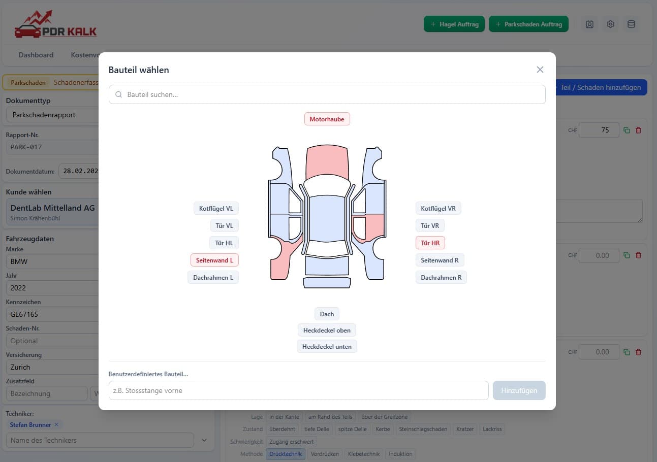 Parkschaden — Bauteil wählen