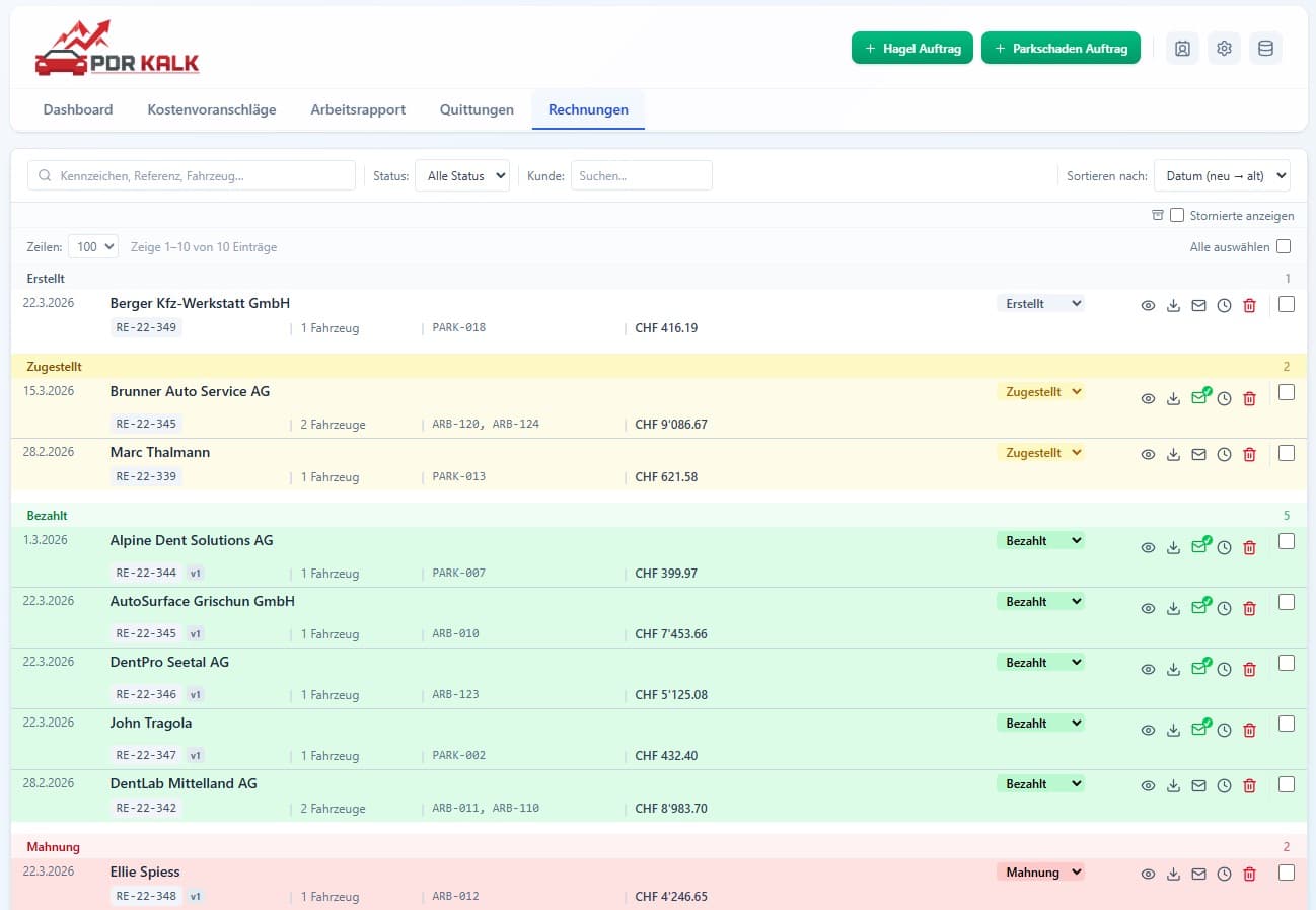 Rechnungsübersicht mit Status
